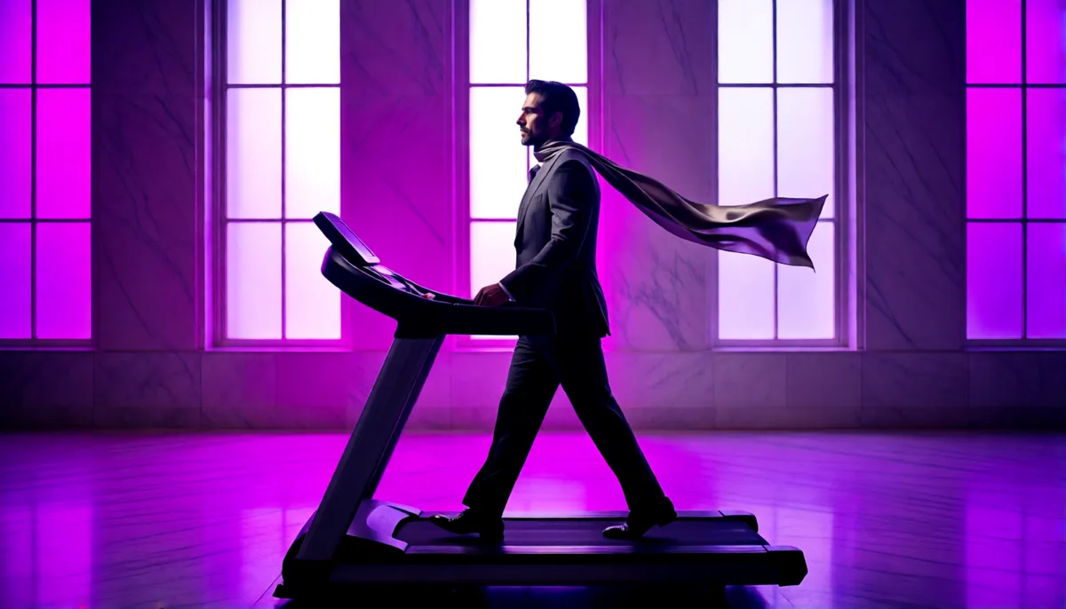 A man in a charcoal suit walking calmly on a treadmill in an empty marble gallery, a silk scarf floating behind him.